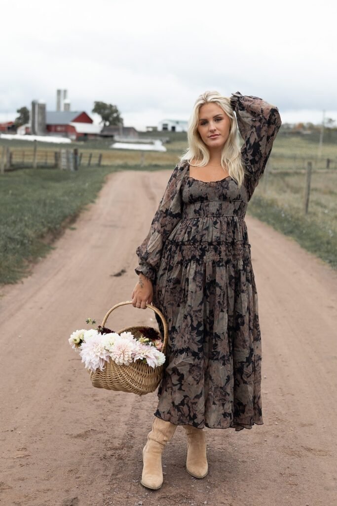 Dark Floral Smocked Maxi Dress + Tan Suede Boots + Wicker Flower Basket