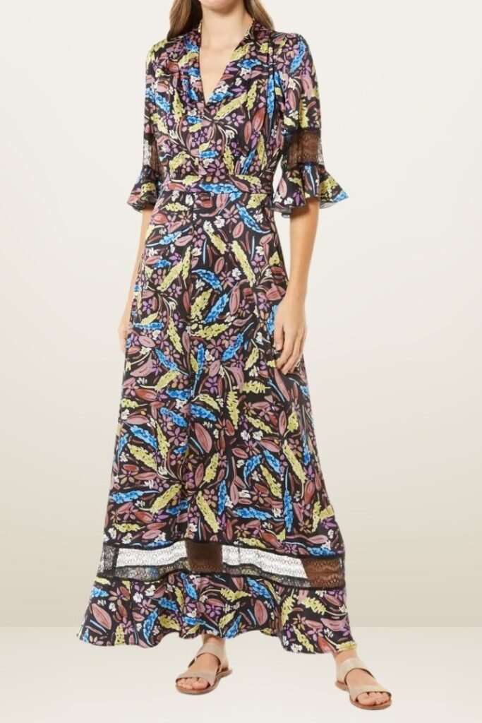 Dark Floral V-Neck Maxi Dress + Ruffled Sleeves + Tan Sandals