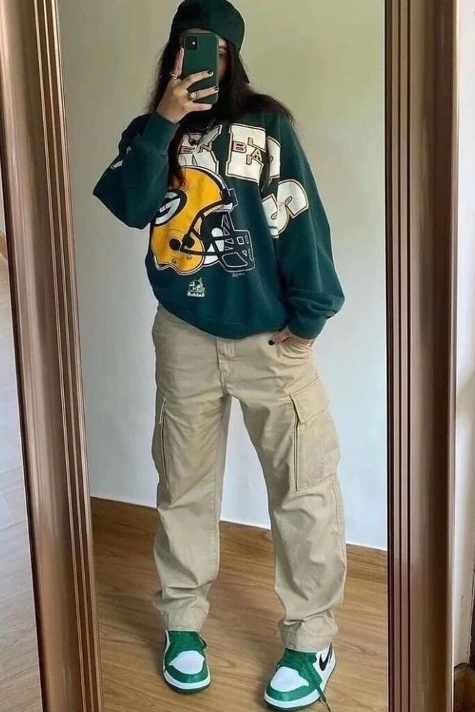 Dark Green Graphic Oversized Sweatshirt + Beige Cargo Pants + Green and White Sneakers