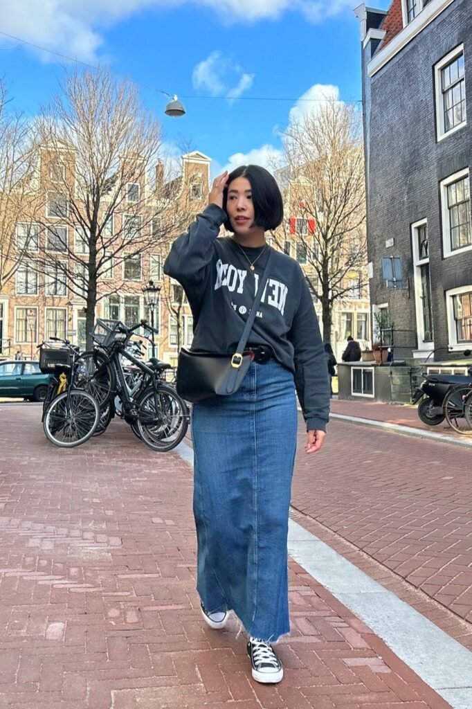 Dark Grey Graphic Sweatshirt + Long Denim Skirt + Black and White High-Top Sneakers