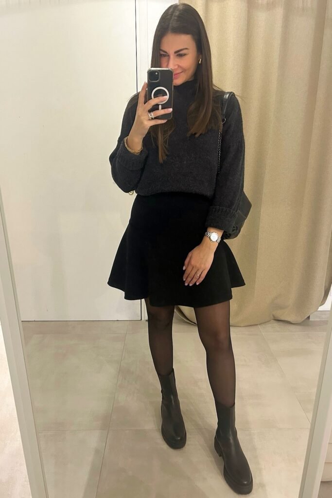 Dark Grey Oversized Sweater + Black Flared Mini Skirt + Black Sheer Tights + Black Chelsea Boots