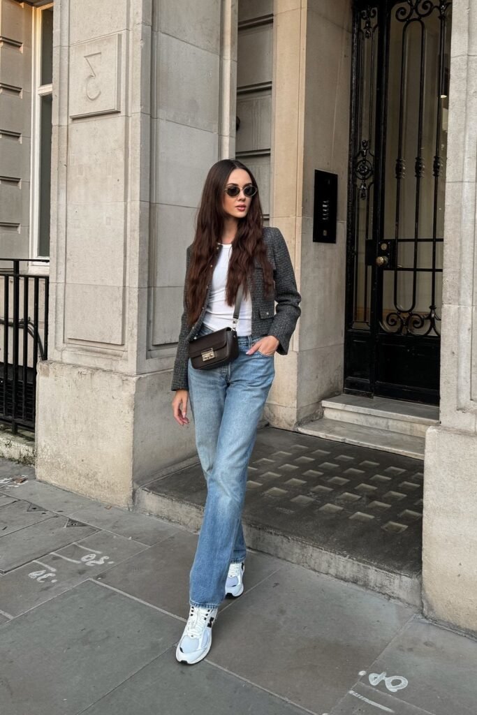 Dark Grey Tweed Jacket + White T-Shirt + Blue Straight-Leg Jeans + White Sneakers