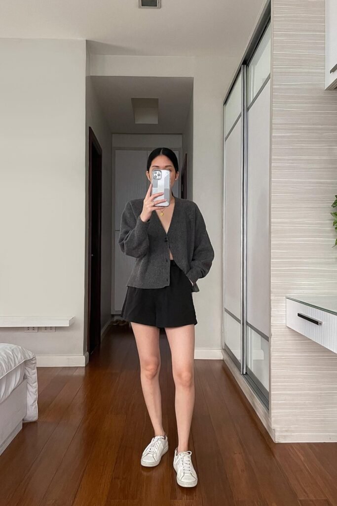 Dark Grey V-Neck Cardigan + Black High-Waisted Shorts + White Sneakers