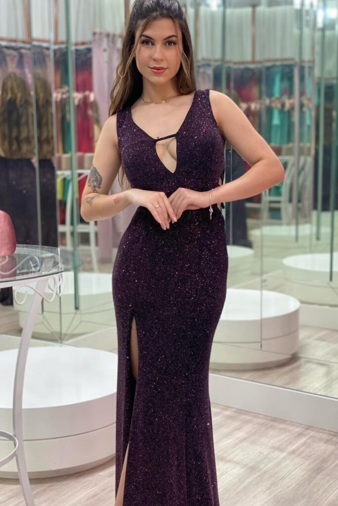 Dark Purple Shimmering Bodycon Maxi Dress with Keyhole Cut-out + High Side Slit + Minimalist Silver Jewelry