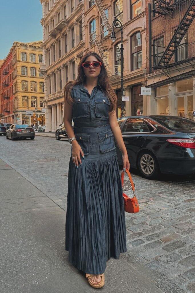 Dark Wash Denim Sleeveless Maxi Dress + Tan Platform Sandals