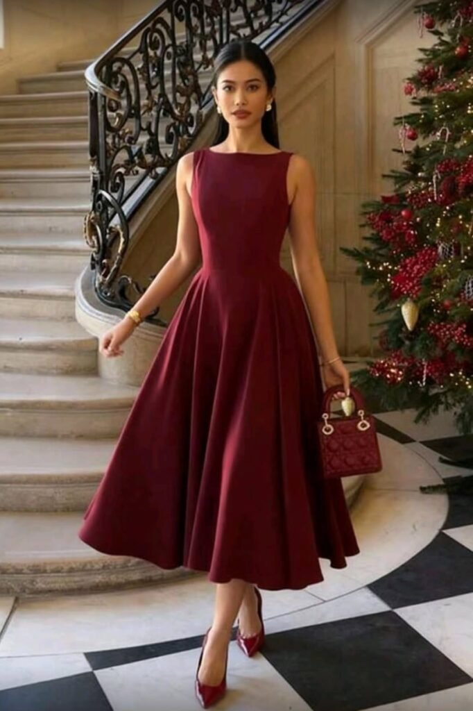 Deep Burgundy Boat Neck A-Line Dress + Matching Satin Pumps + Red Quilted Mini Bag