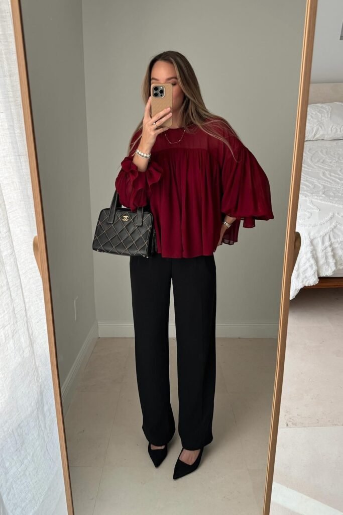 Deep Burgundy Pleated Chiffon Blouse + Black Wide Leg Trousers + Black Pointed Heels