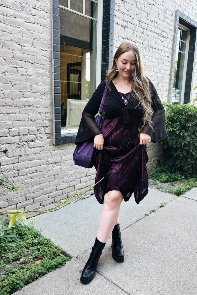 Deep Purple Pleated Midi Dress + Black Mesh Bell-Sleeve Shrug + Black Platform Boots