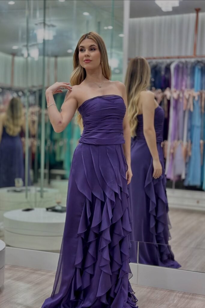 Deep Purple Strapless Tiered Gown + Ruched Bodice + Silver Bracelet