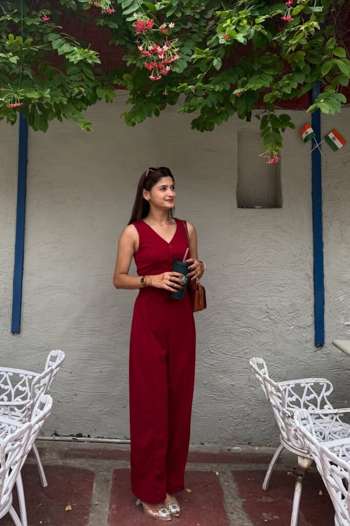 Deep Red V-Neck Vest + Matching Red High-Waisted Wide-Leg Trousers + Embellished Clear Pumps