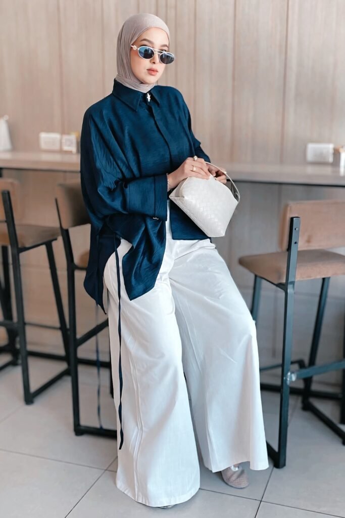 Deep Teal Oversized Satin Shirt + White Extra Wide-Leg Trousers + Grey Mesh Flats