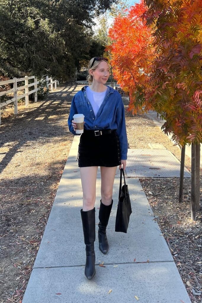 Denim Button-Down Shirt + White T-Shirt + Black Mini Skirt + Black Knee-High Boots