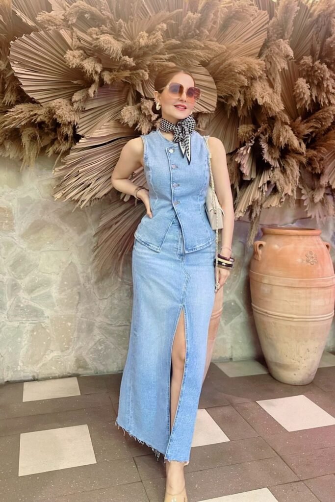 Denim Button-Up Vest + Denim Maxi Skirt with Front Slit + Clear Heels