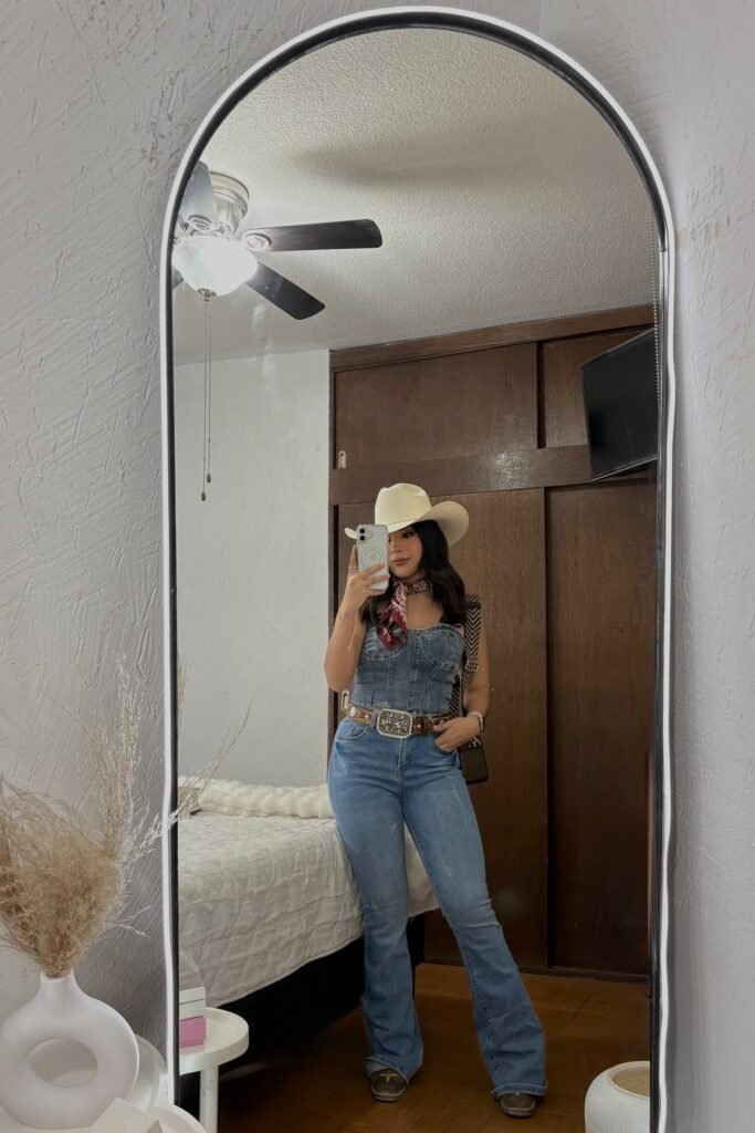 Denim Corset Top + Matching Denim Flared Jeans + Cream Cowboy Hat + Red Bandana