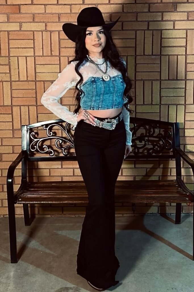 Denim Corset Top + White Lace Long Sleeve + Black Flare Jeans + Black Cowboy Hat