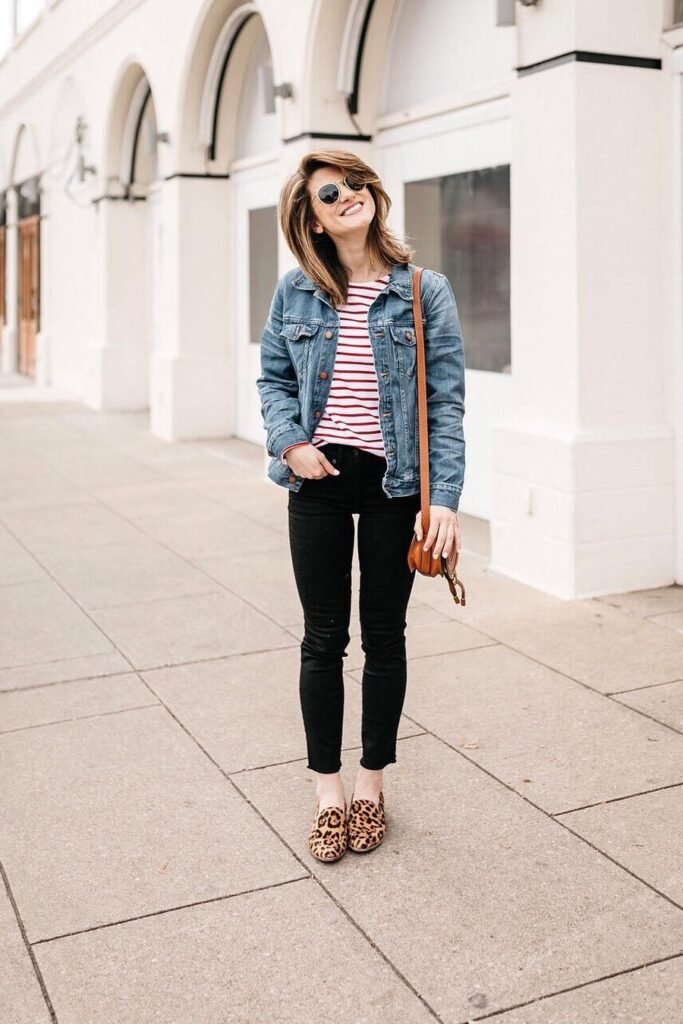 Denim Jacket + Red and White Striped T-shirt + Black Skinny Jeans + Leopard Print Loafers