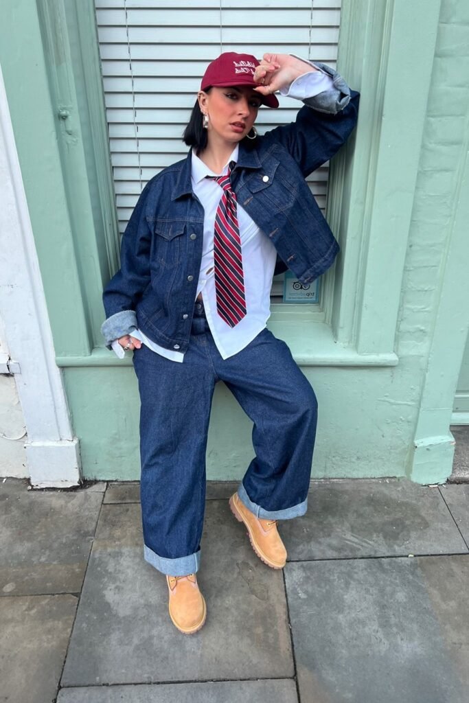 Denim Jacket + White Button-Down Shirt + Striped Necktie + Baggy Denim Jeans + Tan Work Boots