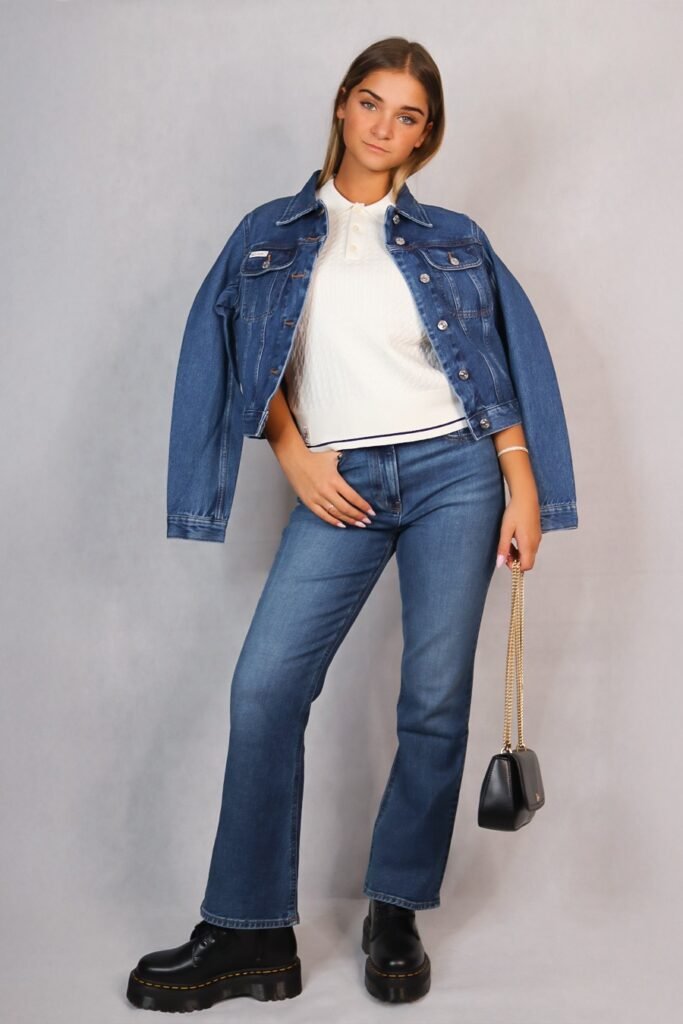 Denim Jacket & White Polo + Dark Wash Straight-Leg Jeans + Black Platform Boots