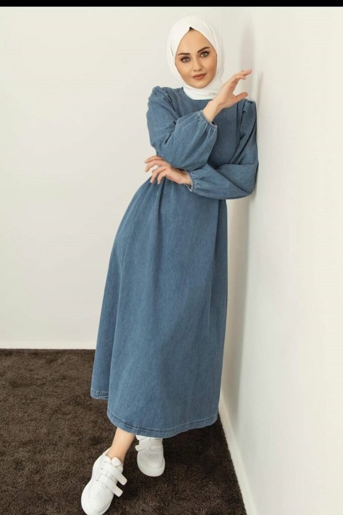 Denim Long-Sleeve Maxi Dress + White Hijab + White Velcro Sneakers