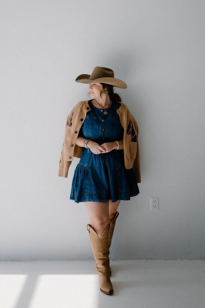 Denim Mini Dress + Tan Knit Cardigan + Tan Suede Cowboy Boots