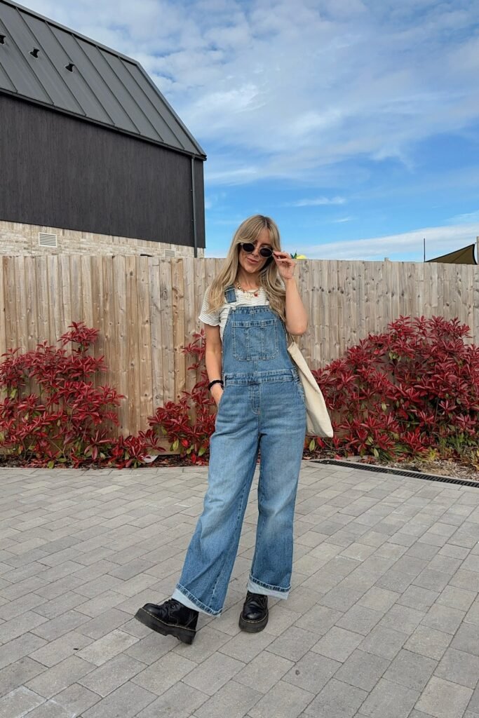 Denim Overalls + Striped T-Shirt + Black Chunky Platform Shoes