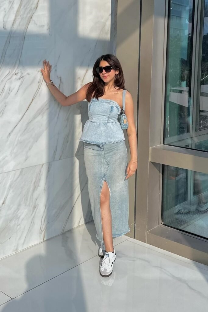 Denim Peplum Tube Top + Light Wash Denim Split Skirt + White Sneakers