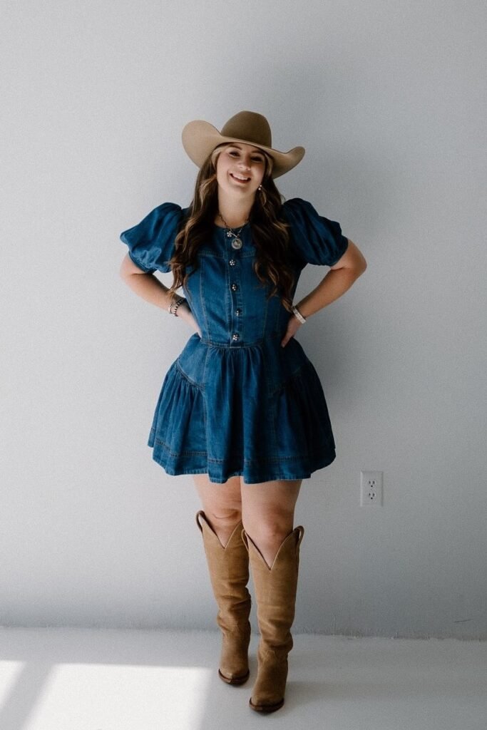 Denim Puff-Sleeve Mini Dress + Brown Cowboy Hat + Tan Cowboy Boots