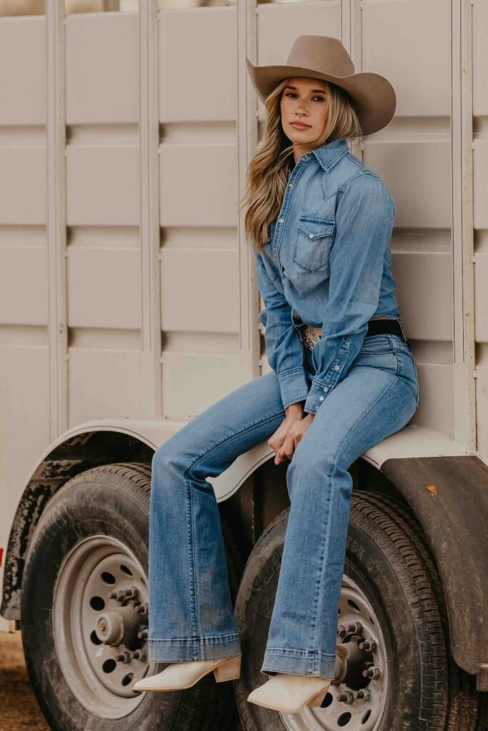 Denim Snap-Front Shirt + Medium Wash Bootcut Jeans + Off-White Pointed Boots