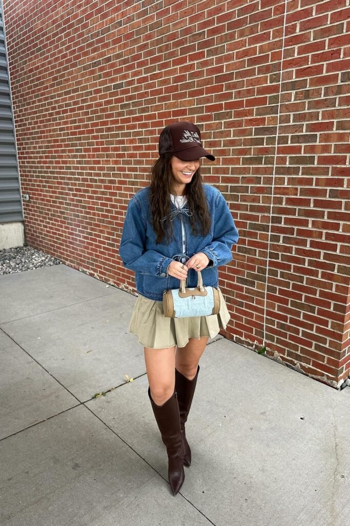 Denim Tie-Front Jacket + Beige Pleated Mini Skirt + Brown Pointed Cowboy Boots