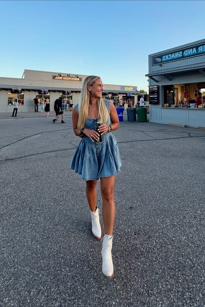 Denim Tiered Mini Dress + White Pointed-Toe Ankle Boots