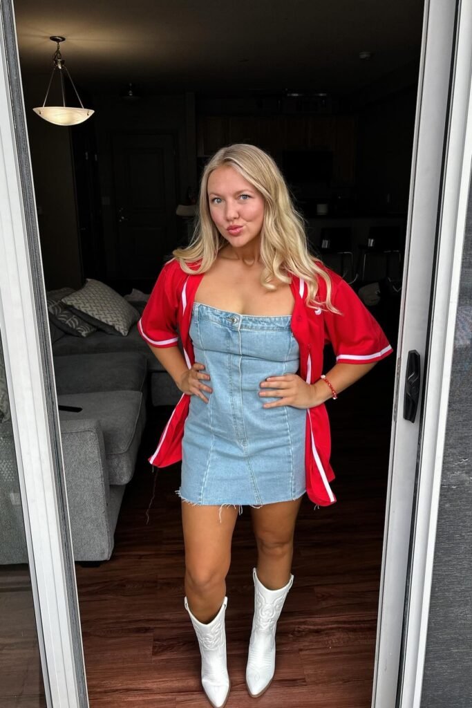 Denim Tube Mini Dress + Red Baseball Jersey + White Cowboy Boots