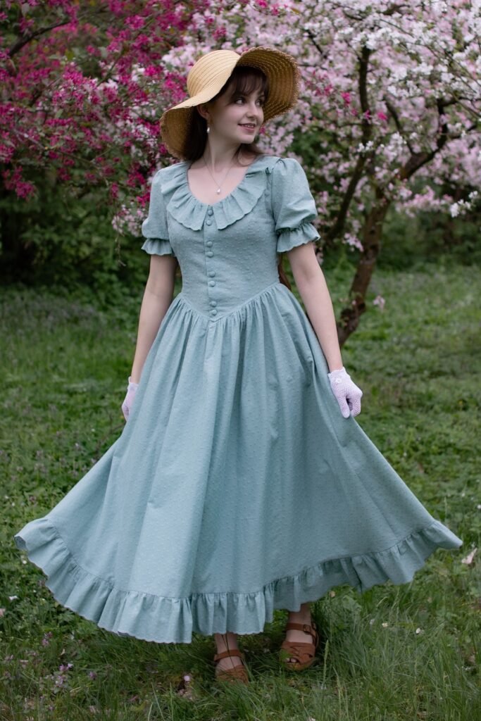 Dotted Sage Green Ruffle Dress + Straw Sun Hat + Brown Strappy Sandals