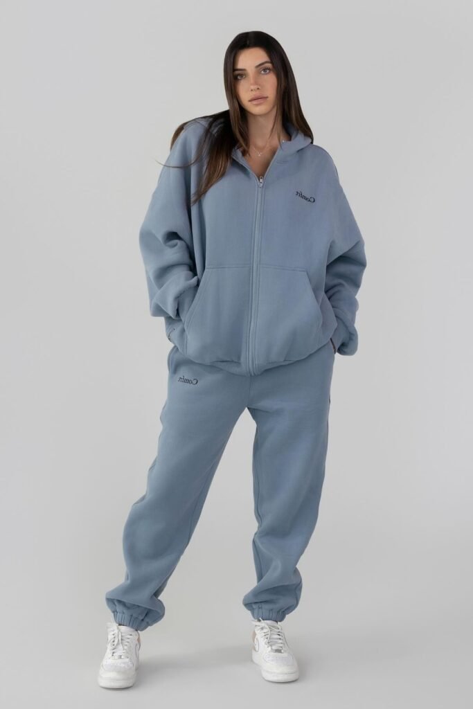 Dusk Blue Oversized Zip-Up Hoodie + Dusk Blue Joggers + White High-Top Sneakers