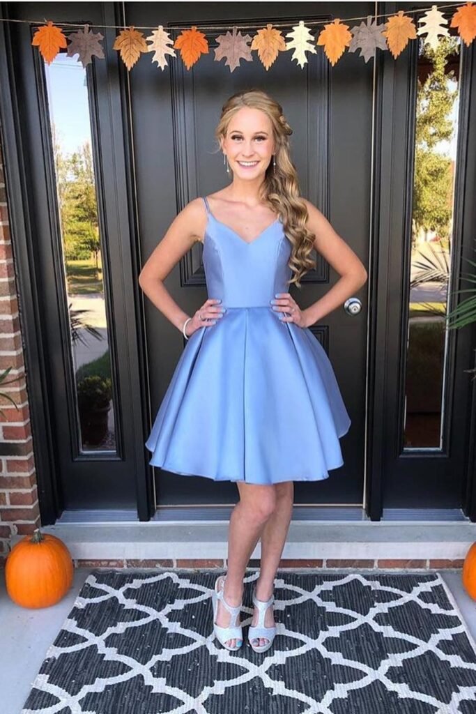 Dusty Blue Satin A-Line Dress + Silver Strappy Sandals