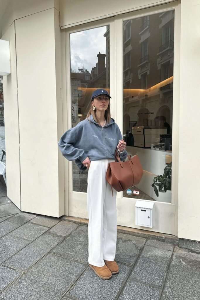 Dusty Blue Zip-Up Hoodie + White High-Waisted Wide-Leg Trousers + Tan Shearling Boots