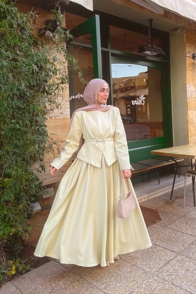 Dusty Pink Hijab + Pale Yellow Belted Blazer + Pale Yellow A-Line Maxi Skirt + Cream Pointed Heels