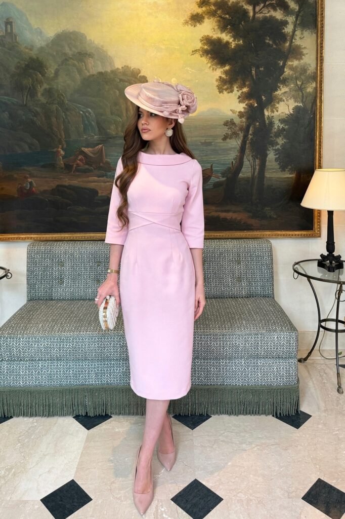 Dusty Rose Boatneck Sheath Dress + Matching Floral Pillbox Hat + Nude Pointed-Toe Pumps