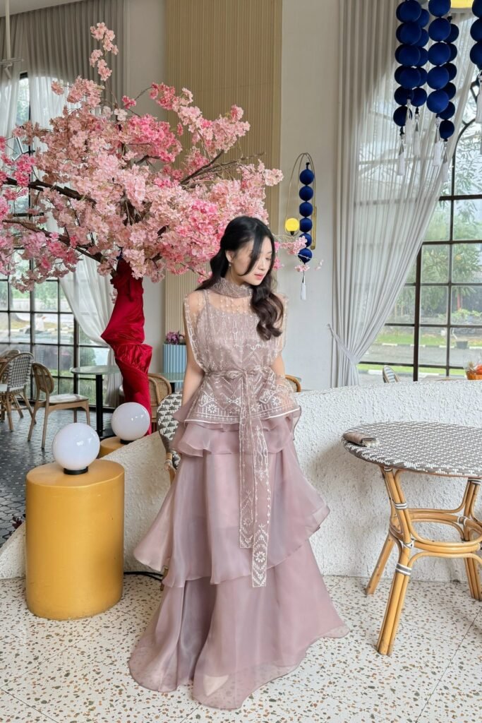 Dusty Rose Tiered Organza Gown with Embroidered Overlay + Beige Pointed-Toe Heels