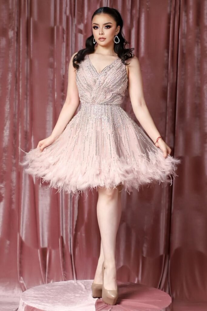 Dusty Rose V-Neck Beaded Mini Dress with Feather Hem + Nude Platform Pumps