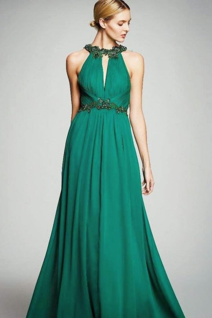 Emerald Green Halter Maxi Dress + Beaded Neckline and Waistband
