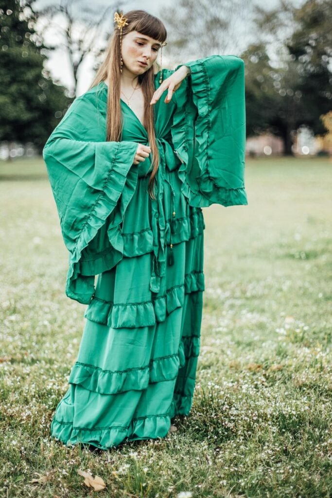 Emerald Green Ruffled Maxi Dress + Wide Flare Sleeves + Gold Butterfly Hairpiece