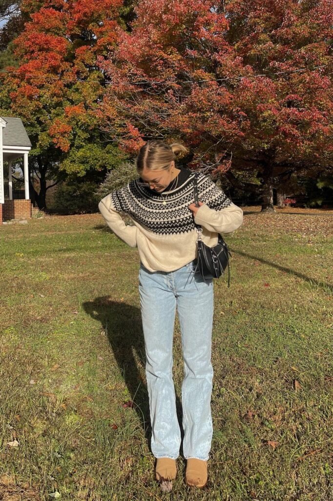 Fair Isle Knit Sweater + Light Wash Straight Jeans + Tan Boots