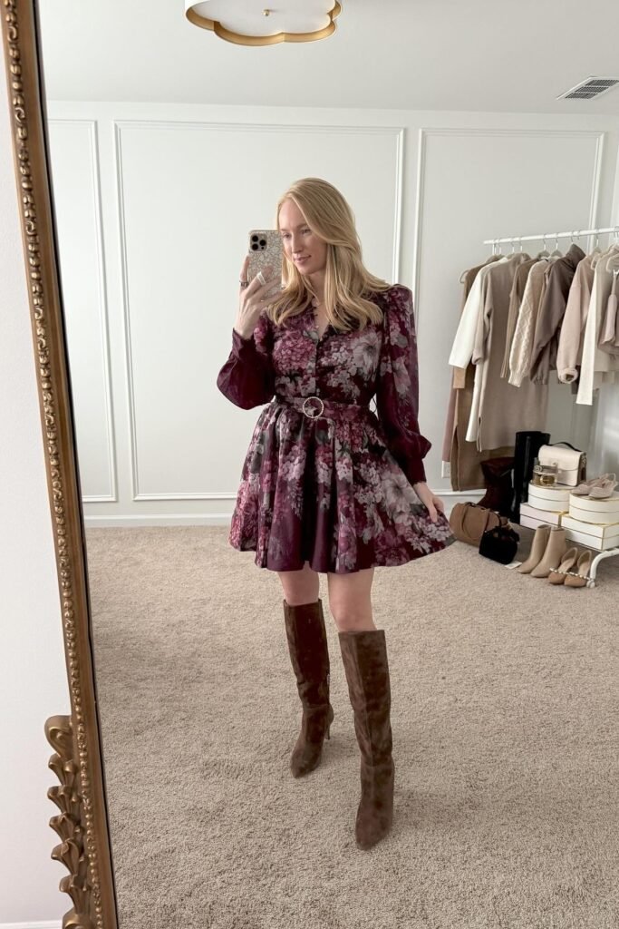 Floral Burgundy Mini Dress + Brown Suede Knee-High Boots
