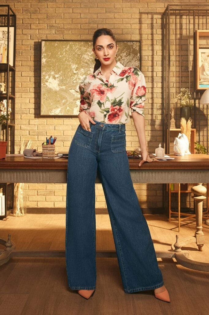 Floral Button-Down Shirt + Dark Wash Wide-Leg Jeans + Tan Pointed Heels