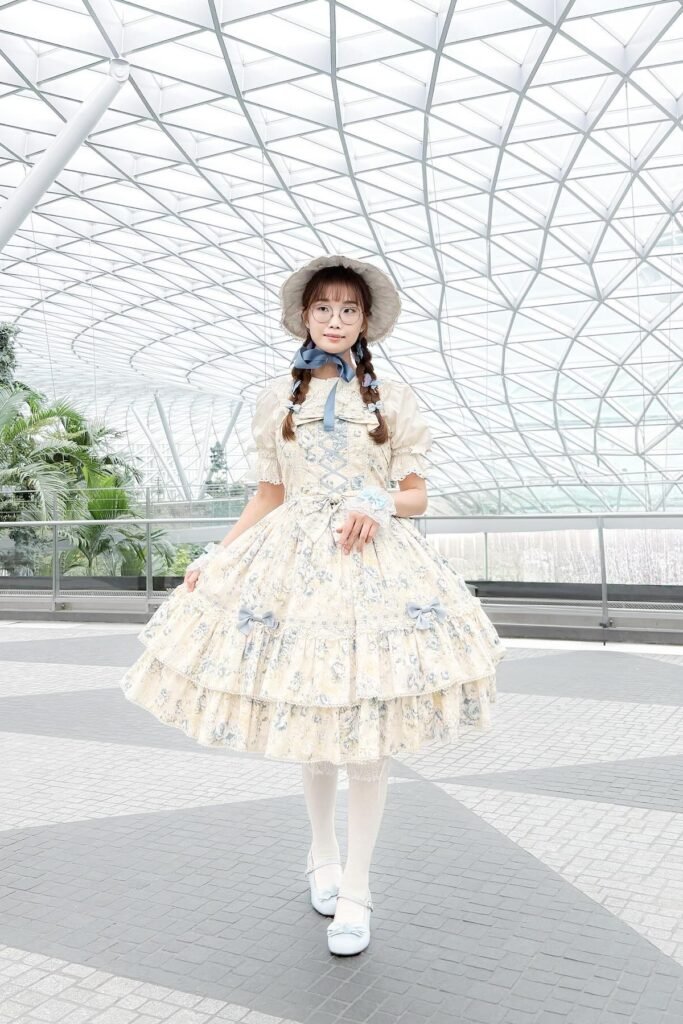 Floral Cream Lolita Dress + White Tights + Baby Blue Mary Janes