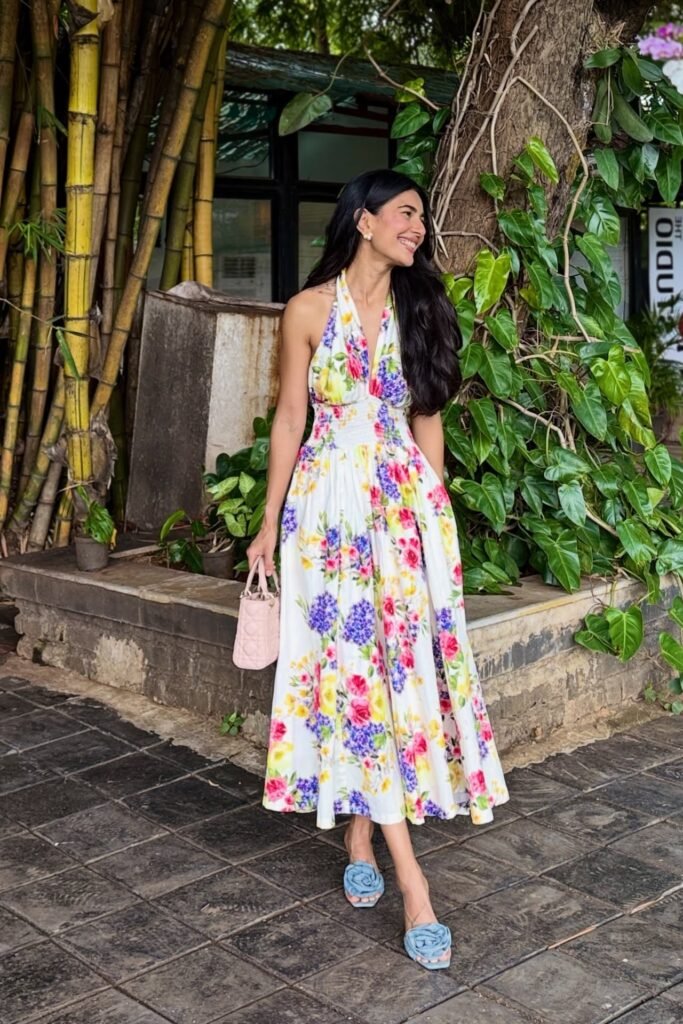 Floral Halter Neck Smocked Dress + Blue Rose Detail Slides