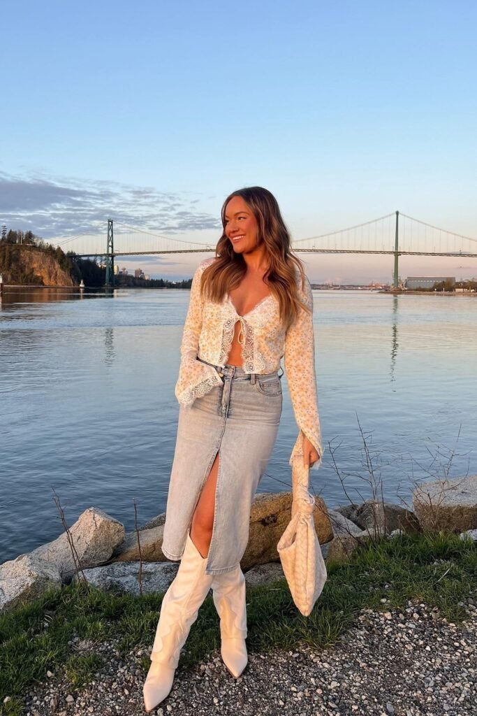 Floral Lace-Trim Blouse + Light Wash Denim Split Skirt + White Cowboy Boots
