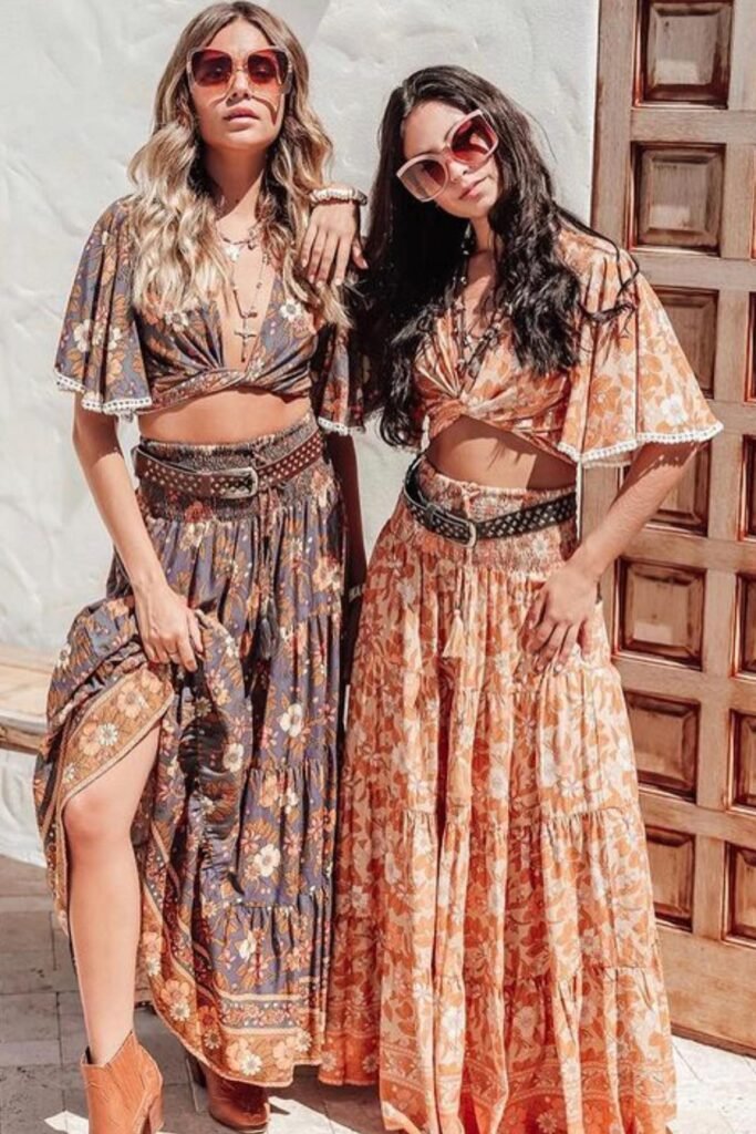 Floral Print Flutter Sleeve Crop Tops + Matching Tiered Maxi Skirts + Brown Leather Belts