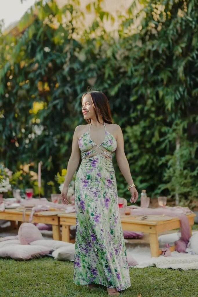 Floral Print Halter Maxi Dress + Cut-out Waist Detail + Gold Bangle