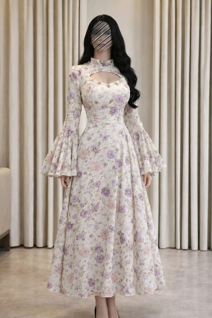 Floral Print High-Neck Maxi Dress + Keyhole Neckline + Tiered Bell Sleeves